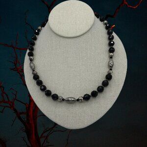 VTG Faceted Black Onyx & Sterling Silver Spacer Beaded Hand Crafted Necklace 20"